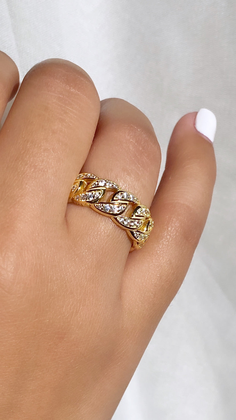 Crystal Cuban Link Ring | Gold